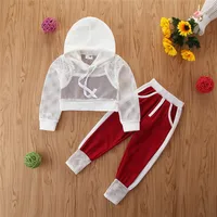 

2020 New Girl Clothing Set White Hollow Out Hooded Coat +Camisole+Burgundy Sport Joggers 3 pcs Children Girl Sport Sweatsuit