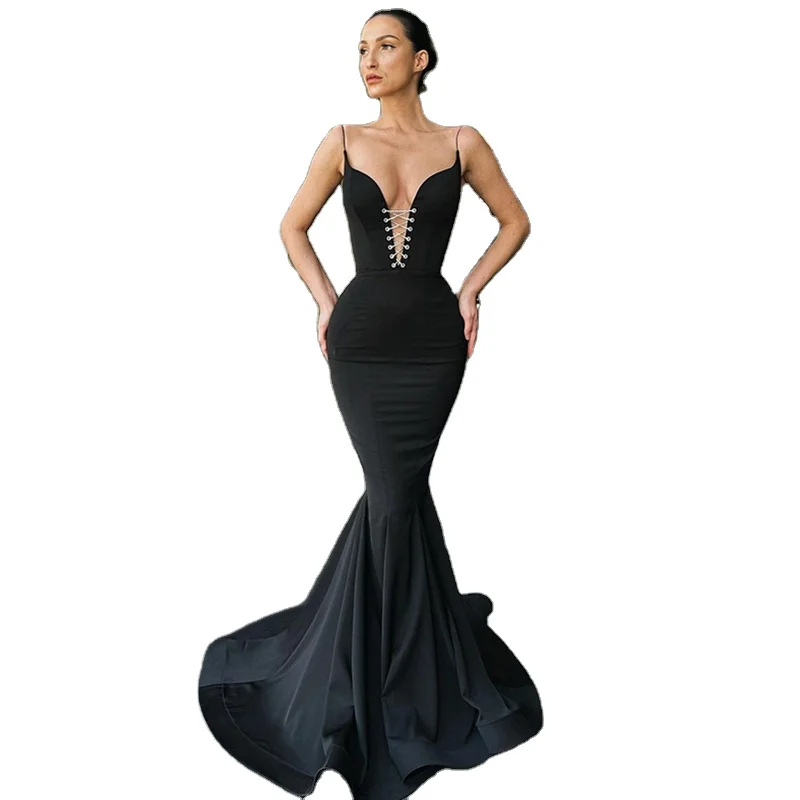 

2022 Summer New Arrivals Black Maxi Dress Ladies Summer Deep V Sleeveless Mermaid Tail Dress Backless High Quality Evening Dress