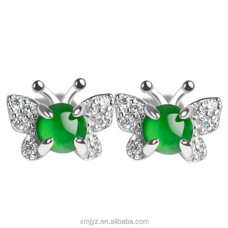 

Certified Grade A S925 Silver Inlay Natural Emerald Green Butterfly Ice Eardrops Ear Hooks Jade Fashion Earrings For Women