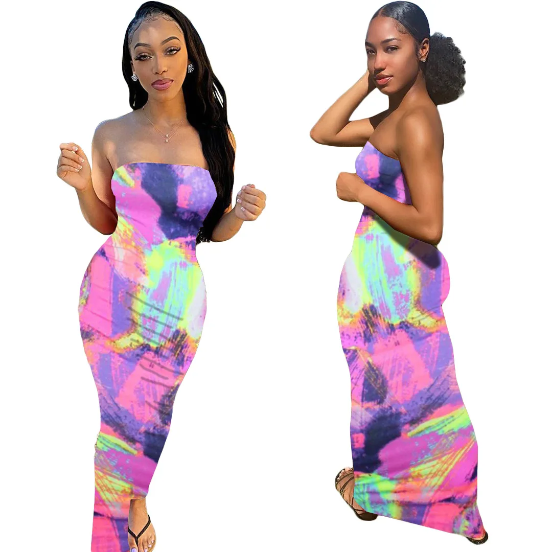 

Ladies Sexy Maxi Dress Summer Straight Dress Style Casual Long Woman Tie Dye Strapless Summer 2020 Sundress