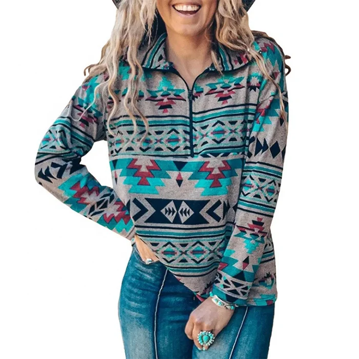 

New Design Wholesale Boho Style Women Zipper Printed Sweatshirt Women Aztec Sweatshirt, Accept customized color