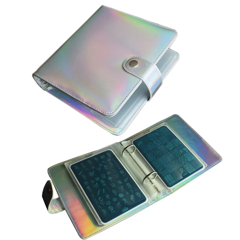 

20Slot Silver Laser Nail Stamping Plate Holder Case Rainbow Empty Rectangle Plates Big Size 14.5*9.5cm Organizers, Holographic silver