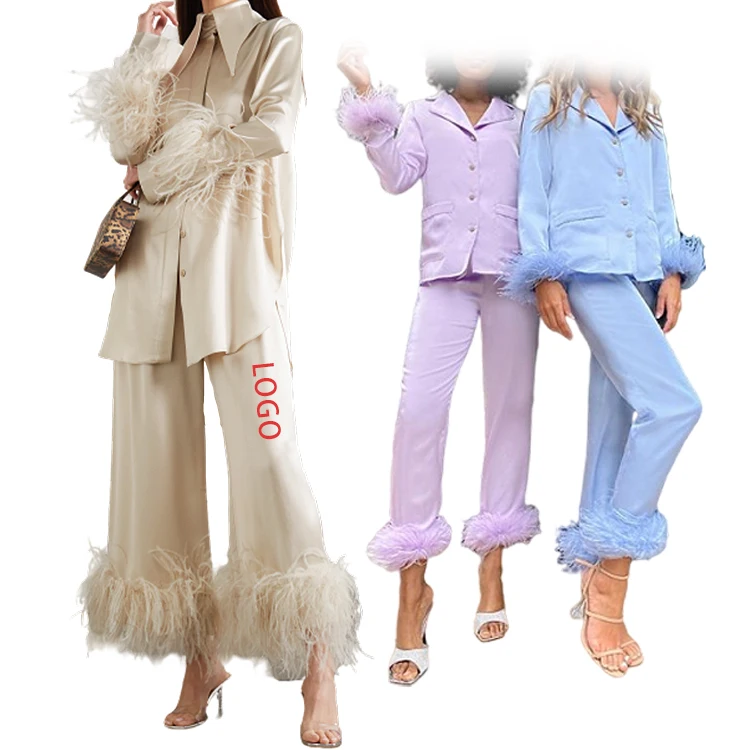 

Custom Multiple Style Designer Long Sleeve Solid Color Satin Women Feather Pajamas Two Piece Sleepwear Sets