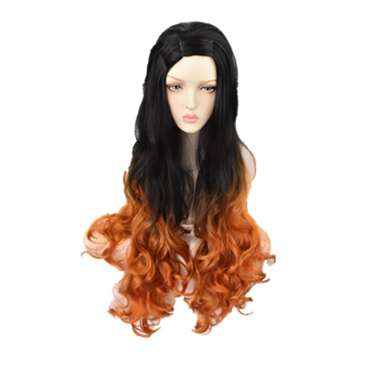 

Japanese Demon Slayer Anime Characters Black Orange Kamado Nezuko Cosplay Long Curly Big Wave Synthetic Wigs, Black orange or custom