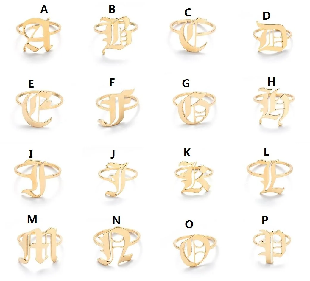 

Fashion Wide Hollow A-Z Letter Stainless Steel Adjustable Alphabet Opening Ring Female Party Jewelry Initials Name Ring, Gold,sliver