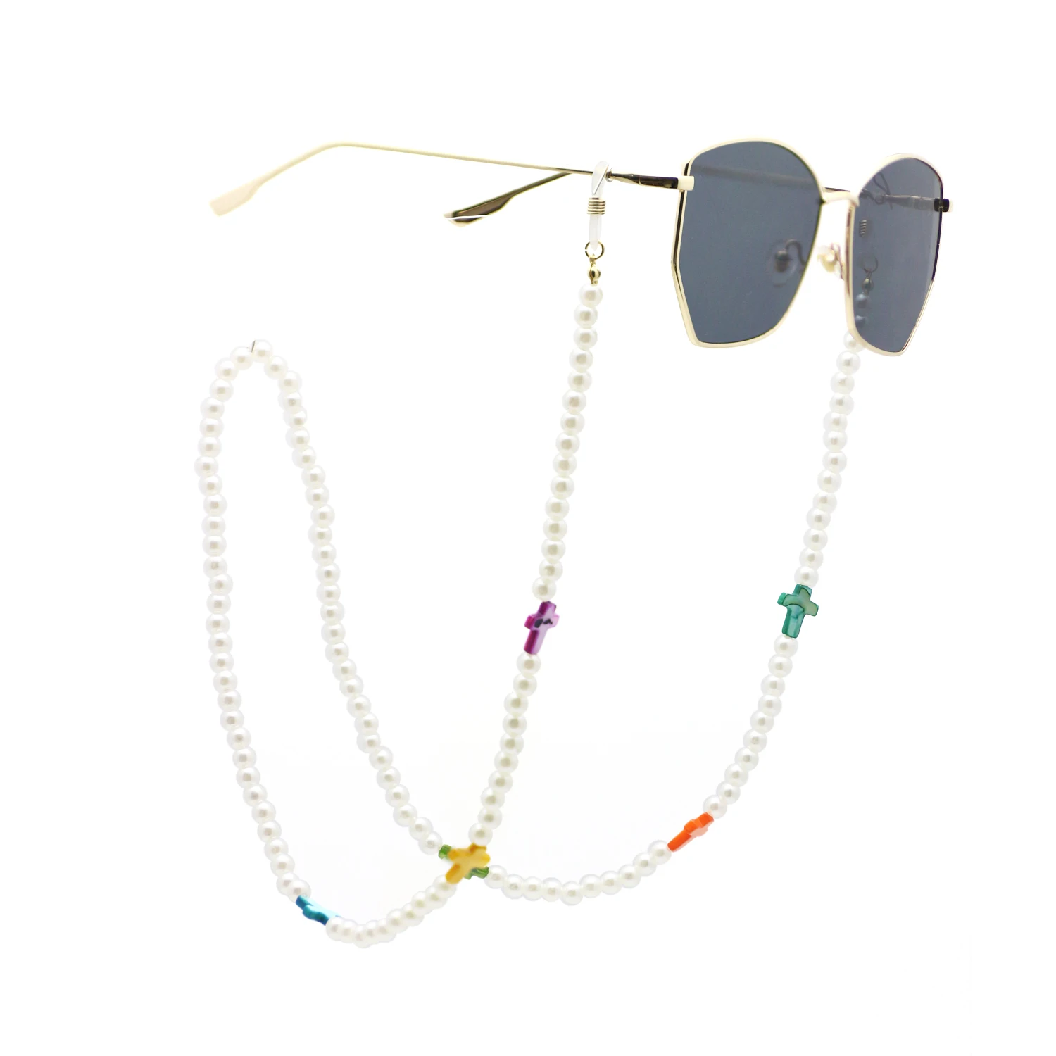 

Gattara Simple Pearl Chain Cross Pendant Sunglasses Accessories Masking Anti-Lost Chain For Unisex, Gold