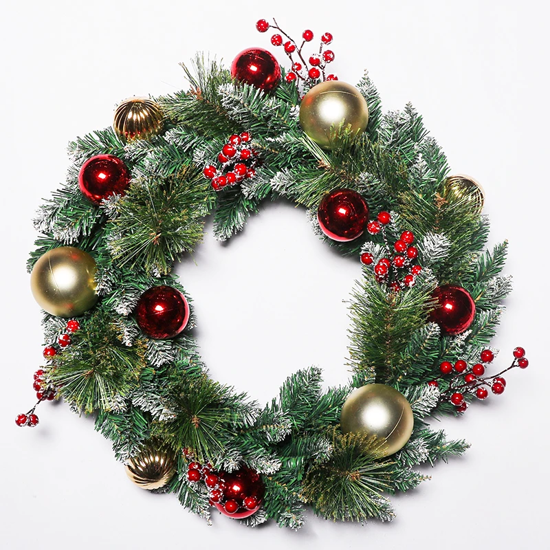 

60cm Dia Green Flocking PVC Christmas Wreath with Balls and Red Berry Garland for Holiday Season Decorations