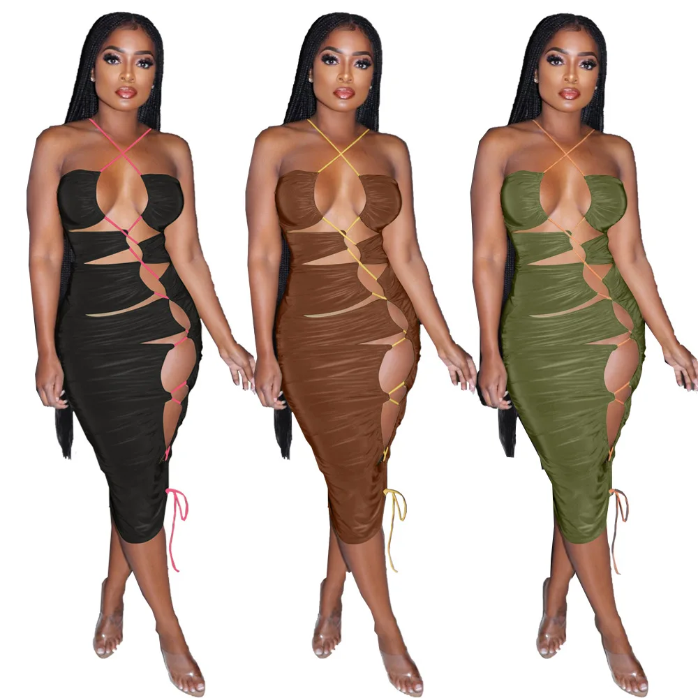 

Dvacaman Trendy Sexy Club Dress Women Sexy Dress 2021 Sexy 3 Color Hollow Out Bandage Long Halter Bodycon Dress Women 2021