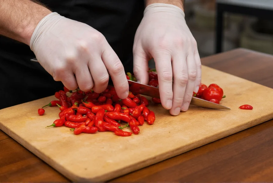 Chef wearing gloves while carefully preparing red hot chilli peppers on a cutting board with safety precautions