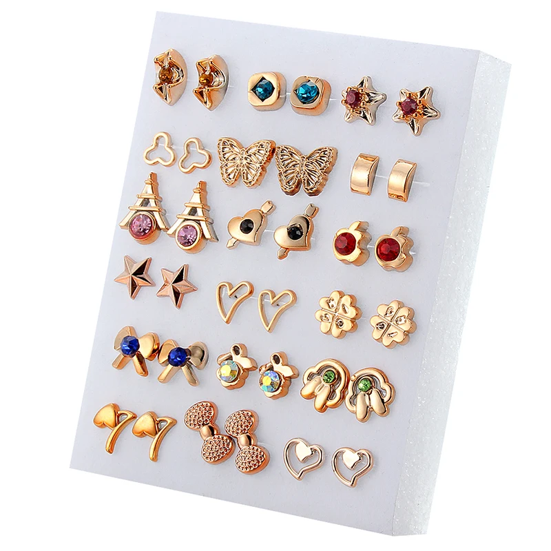 

18 pairs Stylish gold rhinestone crystal bow heart star stud earrings set jewelry, Picture shows