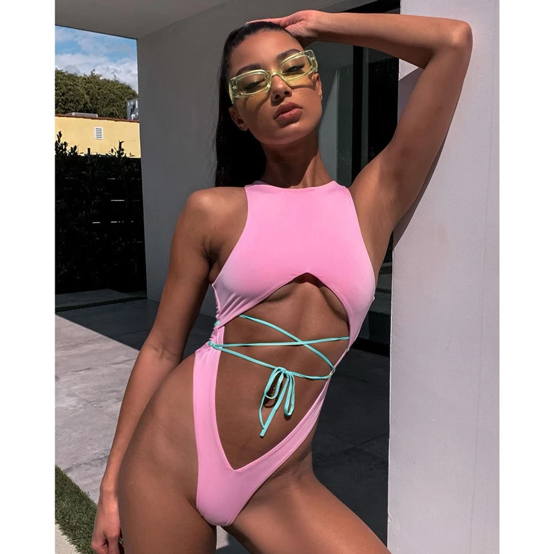 

Womens Strappy Cut Out Front Monokini Lace Up Back Bathing Suit Criss Cross Bandage High Cut One Piece Swimsuit