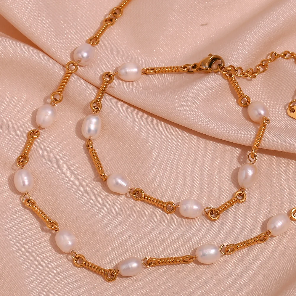 

Fresh Water Pearl Hand Made Chain Choker 18k Gold Plated Stainless Steel Chain Necklace And Bracelet