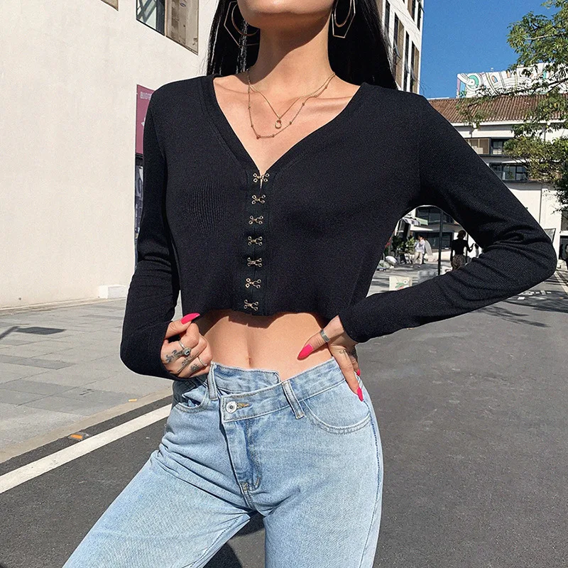 

Custom V Neck Front Hook Long Sleeve New Female T-shirt Blank, Customized
