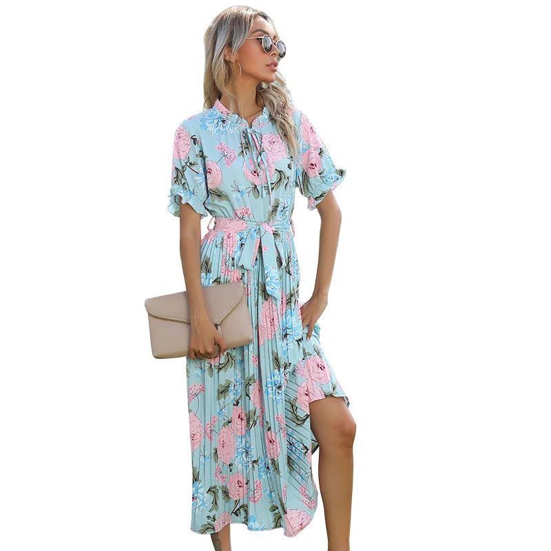 

Floral Women Dresses Elegant O Neck High Waist 2021 Women Summer Pleated Ruffle Lace A Line Chic Ladies Midi Dress, 2 colors
