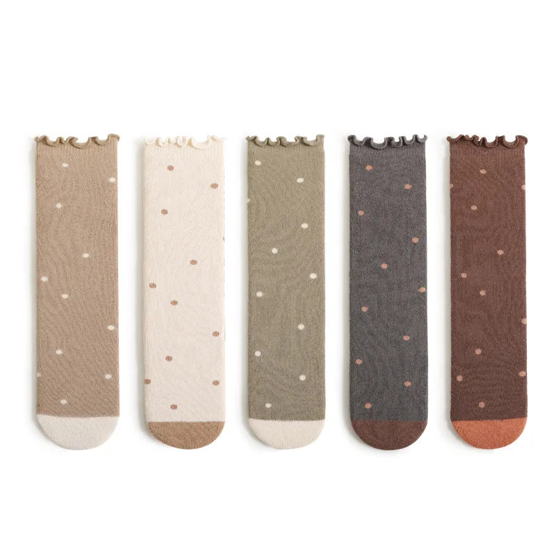 

Custom Baby New Fashion Winter Stockings Warm High Quality Cute Dots Ruffle Cotton Infant Socks Long Children Socks Dropshipping, 5 colors