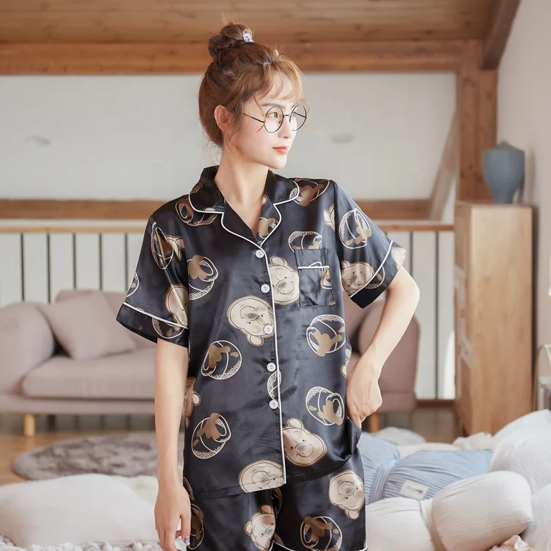 

Women Fashion Satin Pjs Custom Pattern Print Lady Pajamas Short Sleepwear Pyjamas