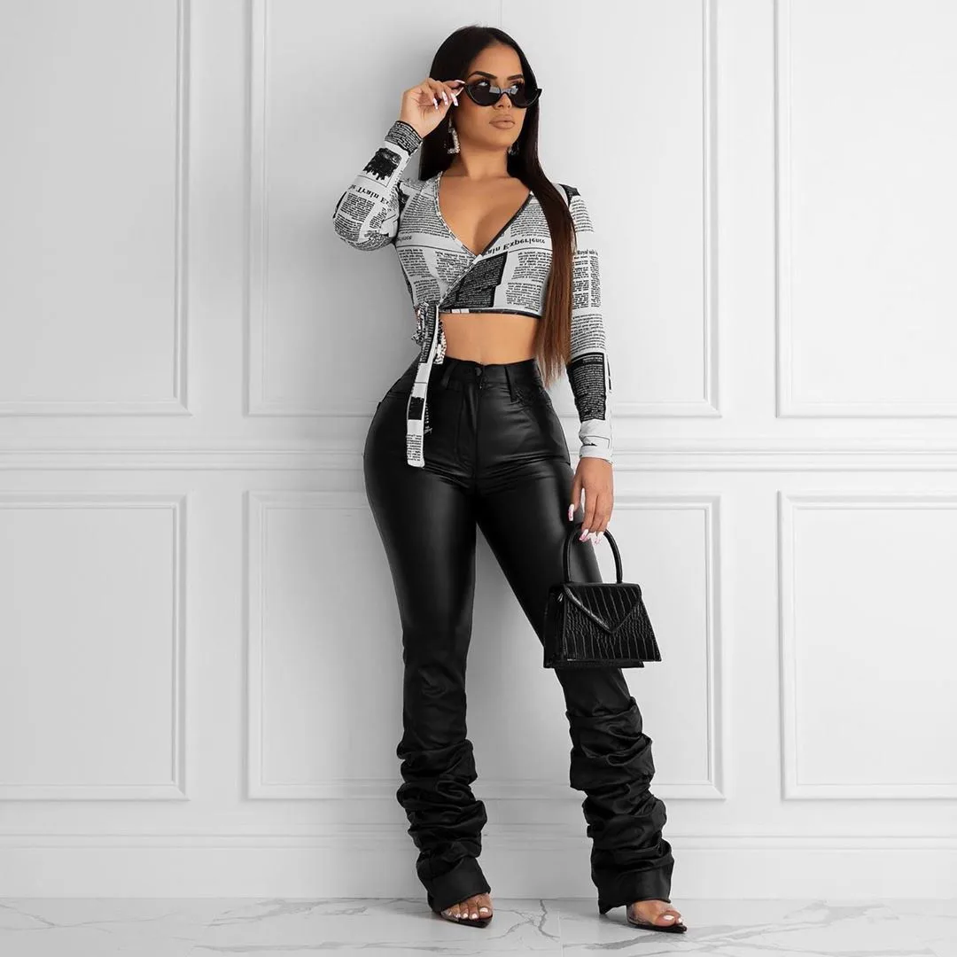 

New Women's High Waisted Stretchy Scrunched Ankle Faux Leather Biker Stacked Pants Leggings For Women, As pictures show