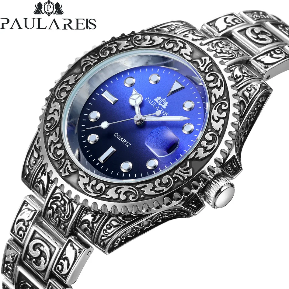 

Paulareis Famous Brand Men Carved Antique Vintage Luminous Classic 2 Tones Red Green Blue Gradient Fashion Classic Quartz Watch, 15 colors