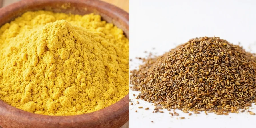 Bowl of mustard powder next to mustard seeds