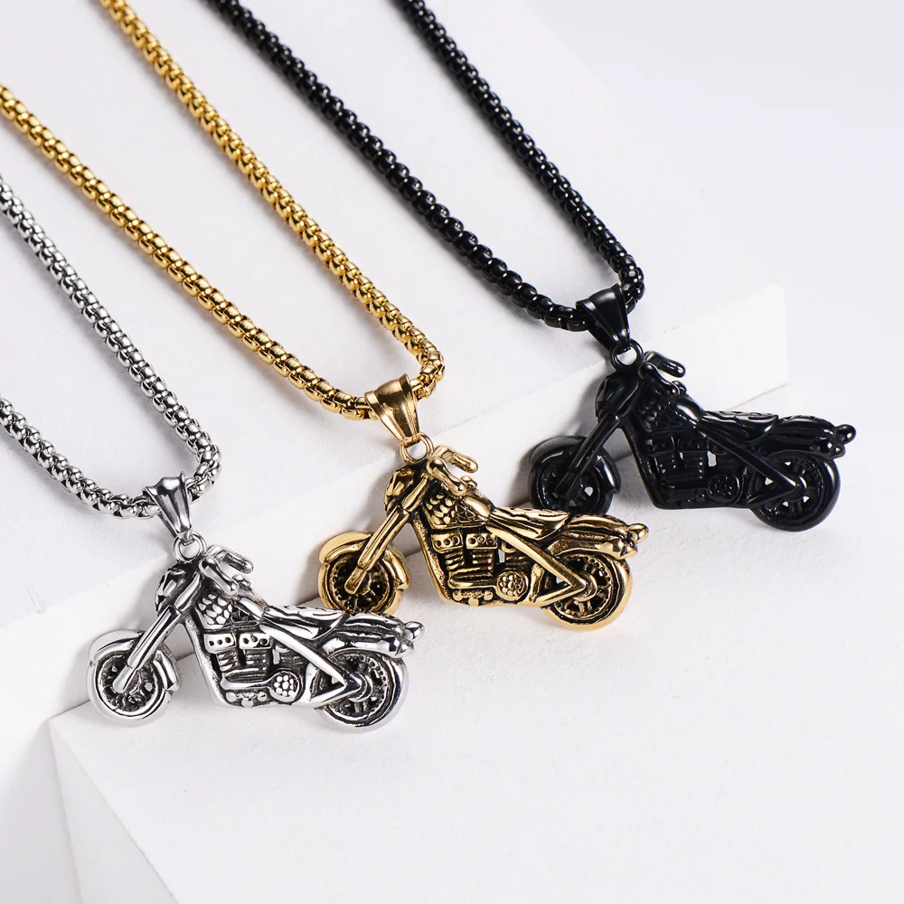 

Mens Gold Biker Jewelry Stainless Steel Motorcycle Pendant, Silver, 18k gold, black
