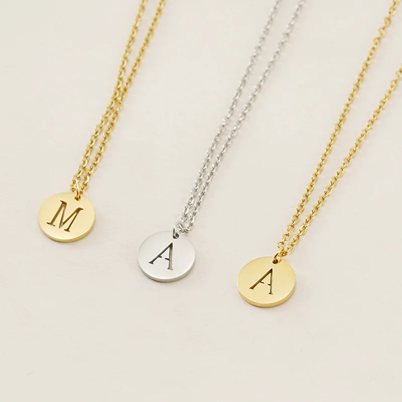 

316L Gold Plated Children Round Disc Double Side Engraved Hammered Name Necklace Stainless Steel Hollow Coin Initial Necklace