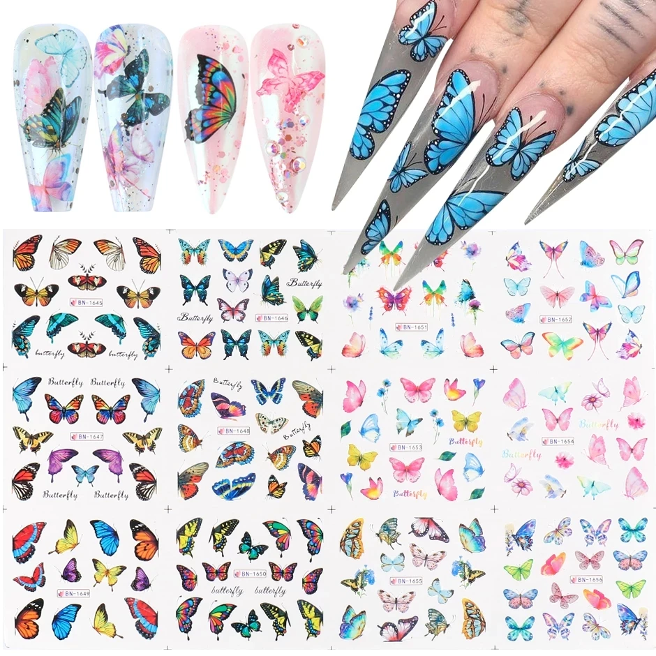 

12 Designs Stickers Set Nail Watercolor Decals Cartoon Owl Peacock Tiger Black Flowers Starry Sky Romance Sliders