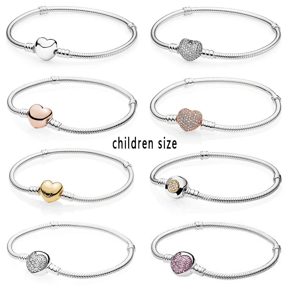 

2021 NEW 100% 925 Sterling Silver Rose Gold Heart Bracelet Clear CZ Small Size Charm Bead Fit Children Lovely DIY Jewelry Gift