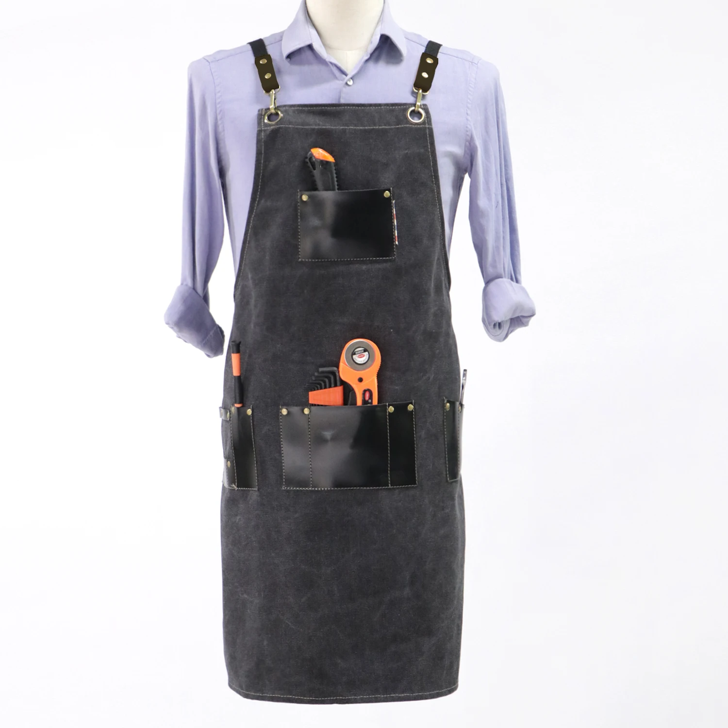 

2021 new custom logo washed canvas barista welding tool apron camp chef apron with leather pockets, Black