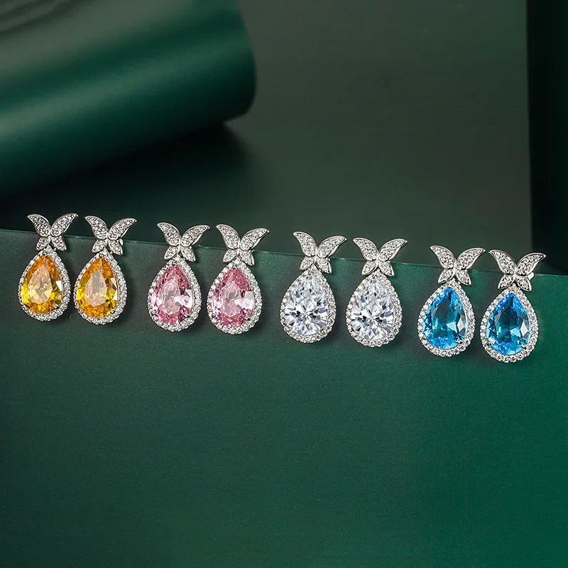 

INS Popular Design Moissanite S925 Crystal Rhinestone Butterfly Stud Earrings Colorful Water Drop Shape Gemstone Earrings