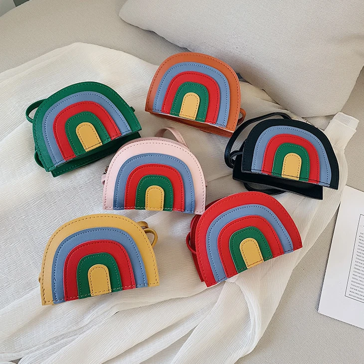 

Wholesale New Fashion mini Shoulder Bag PU leather Messenger Bag Cute handbags Rainbow kids Coin Purses for little girls, 6 colors
