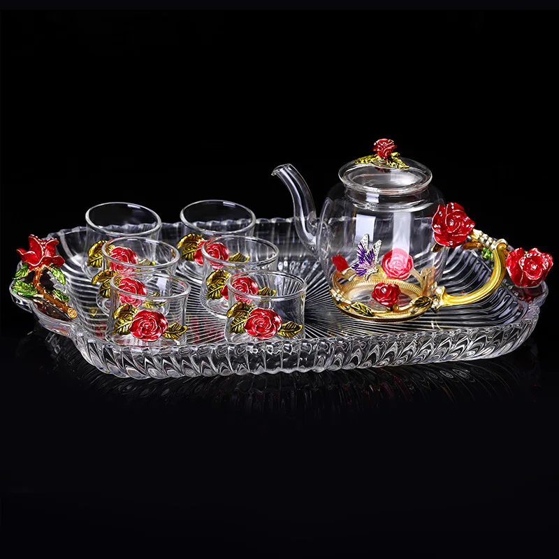 

Clear Heat Resistant Enamel Crystal Flower Glass Teapot Coffee Pot Cup Sets Glass Kettle Cups Glass Kung Fu Tea Set Gift, Transparent