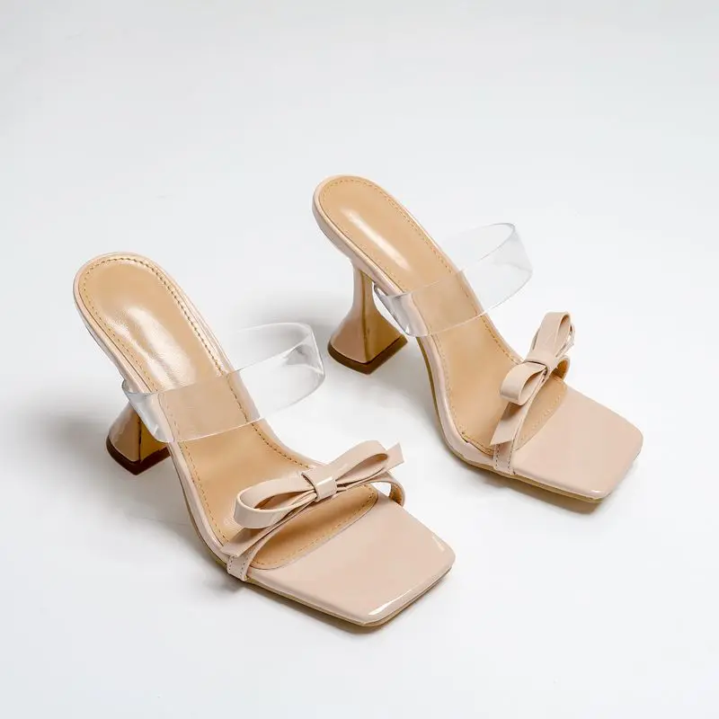 

2021 New Design Bowknot Sandals Heels Women High Heels Square Open Toe Ladies Shoes Slip-on Summer Sandals Shoes PINK WHITE NUDE