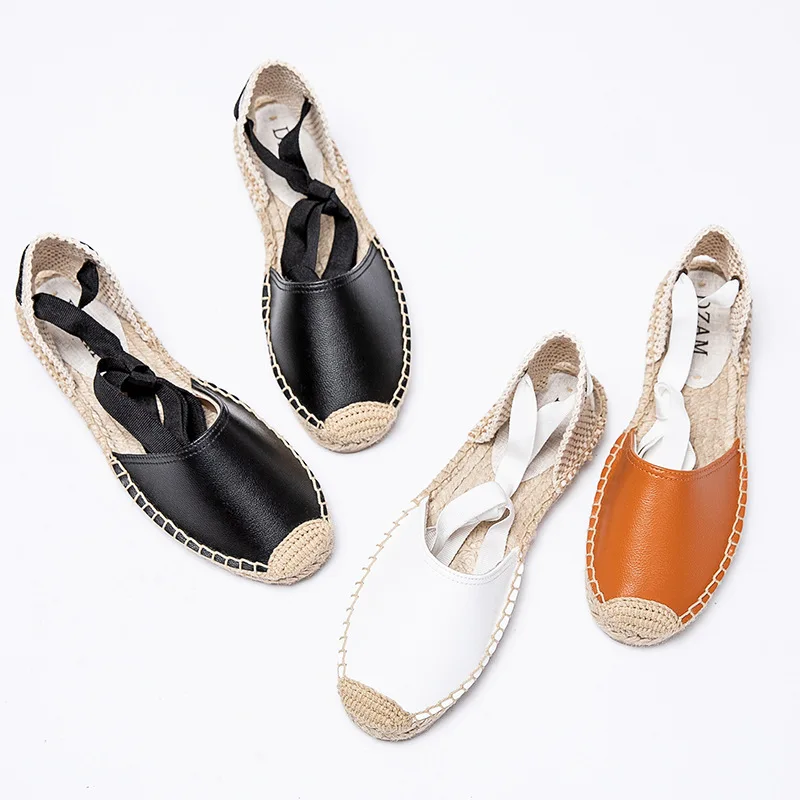 

Summer fashion breathable hemp bottom shoes flat PU leather shoes for women