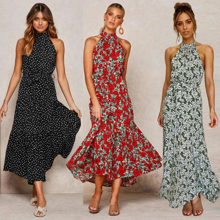 

2021 Fashion Bohemian Halter Neck High Waist Sleeveless Mid Length Pleated Floral Maxi Dress Long Floral Casual Dresses Summer