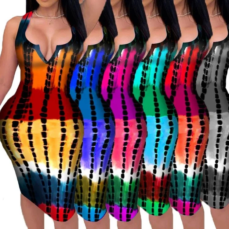 

Best Seller sexy Tie-dye print midi dress summer deep V-neck 3xl Plus Size Suspender package hip skirt women long dress, As picture or customized make