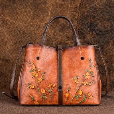 

Retro Embossed Genuine Leather Bags Women Handbags 2019 New Large Capacity Cowhide Lady Hand Bags Fashion Floral Totes