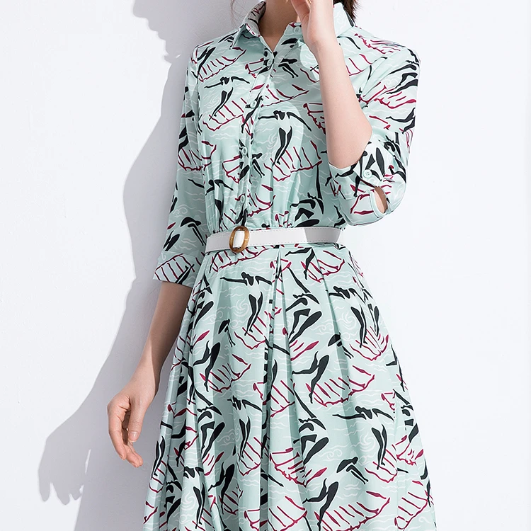 

MUJIU Retail High Quality Summer Flower Dresses Women Street Styles Three Quarter Printed Beach Shirt Dress 2021 Office Dress