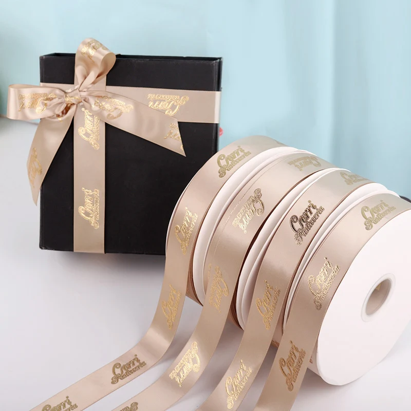 

100 yards/roll Wholesale Customized 3cm ColorRibbon Printed Embossed Gold Logo for Gift Box Flower Packaging Decoration