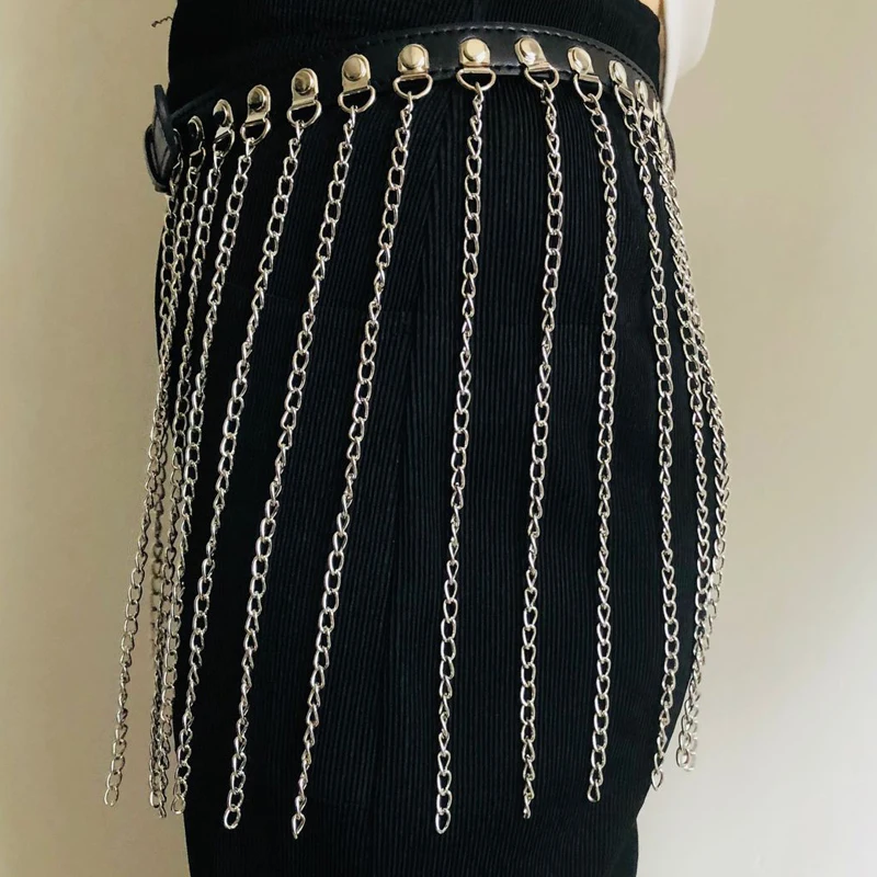 Sexy punk metal tassel waist chain female black pu leather pin buckle adjustable chain strap nightclub accessories bdsm harness