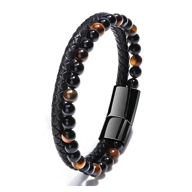 Trendy Black Leather Men's Bracelet with Tiger Eye and Lava Stone Natural Stone Handcrafted for Gifts