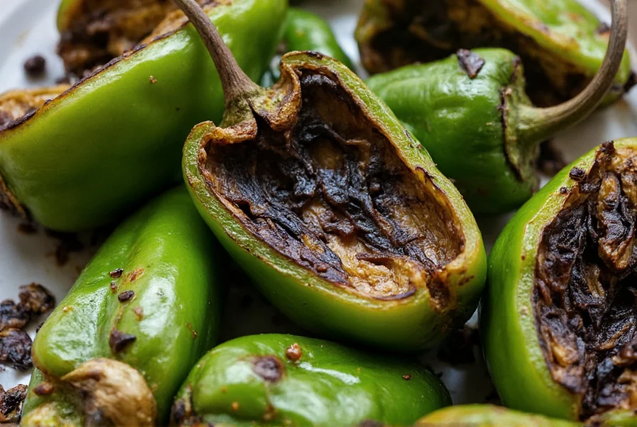 Close-up of roasted poblano peppers with charred skin being peeled away, showing the darkened flesh underneath