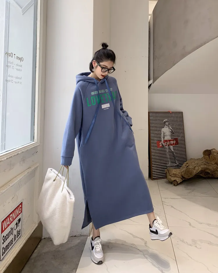 Oversized Korean Style Winter 2019 New Women Fleece Hooded Print Long Sweatshirts Ladies Loose 