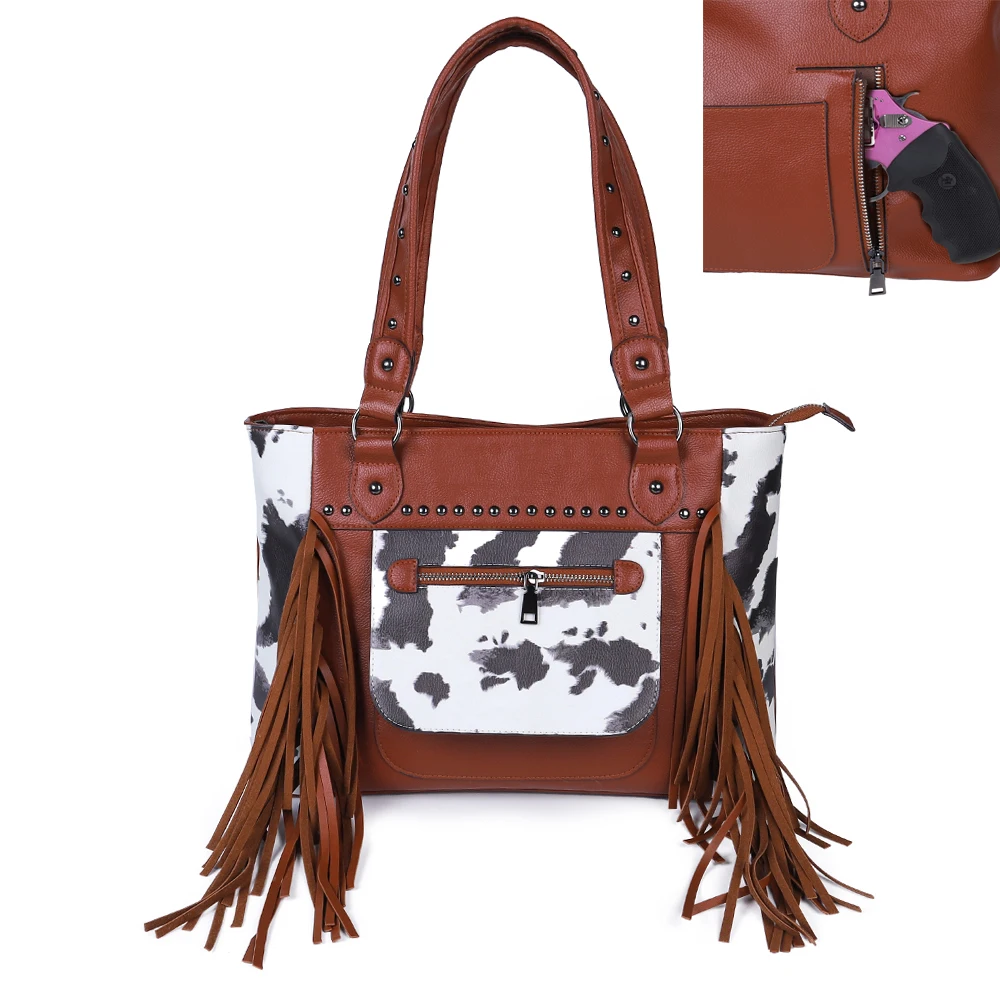 

Drop Shipping Black Cow Vegan Leather Collection Women Concealed Handgun Tote Bag with Tassel Lady Carry Fringe Purse for Girls, Sunflower,leopard,cowhide etc.or as request.