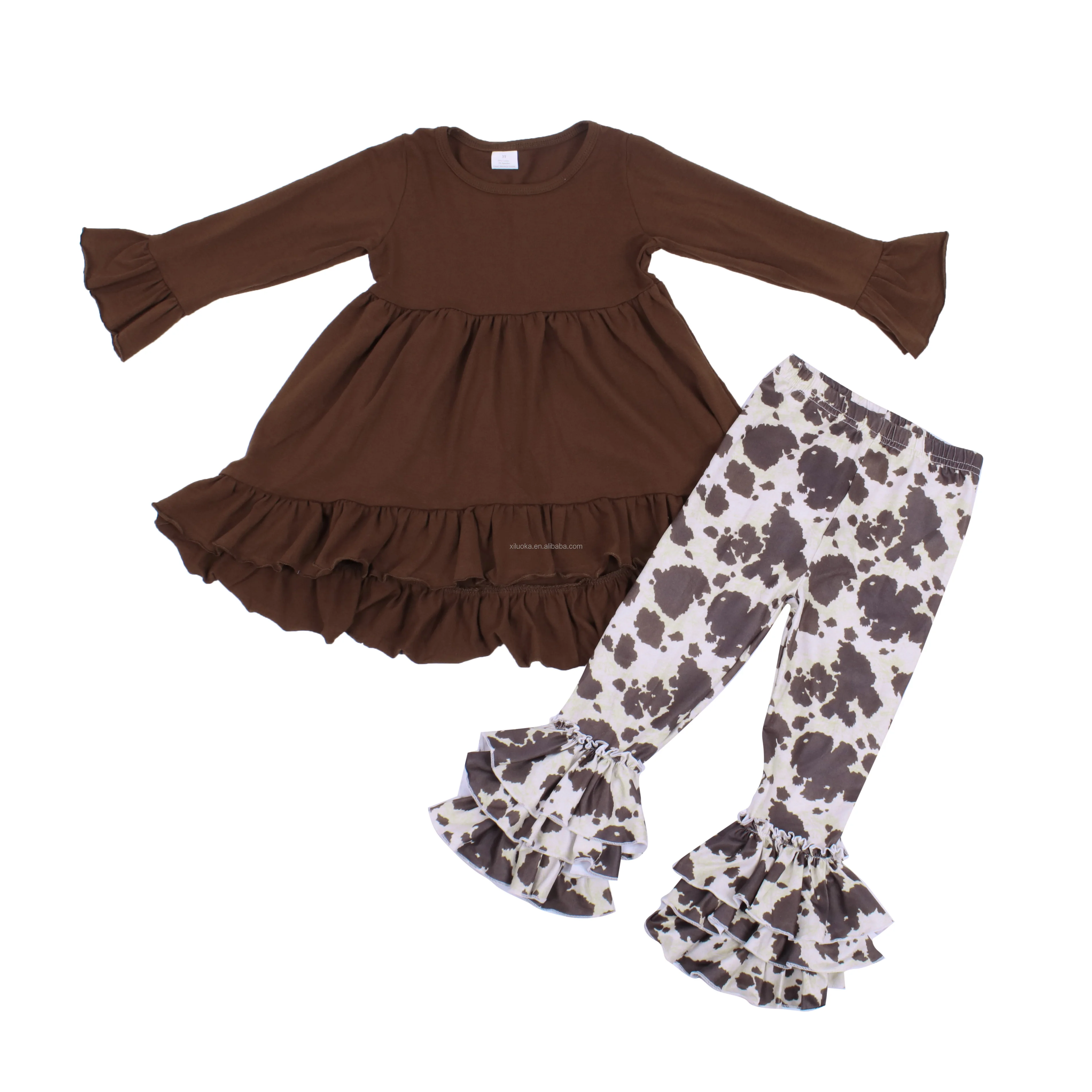

Wholesale Girl Outfit Sets Soild Print Top And Cow Print Dress Girls Ruffle Outfits Girls Clothes Sets, Picture