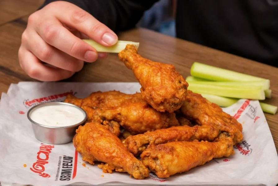 Customer enjoying Wingstop Hot Lemon Pepper wings with celery and ranch dressing