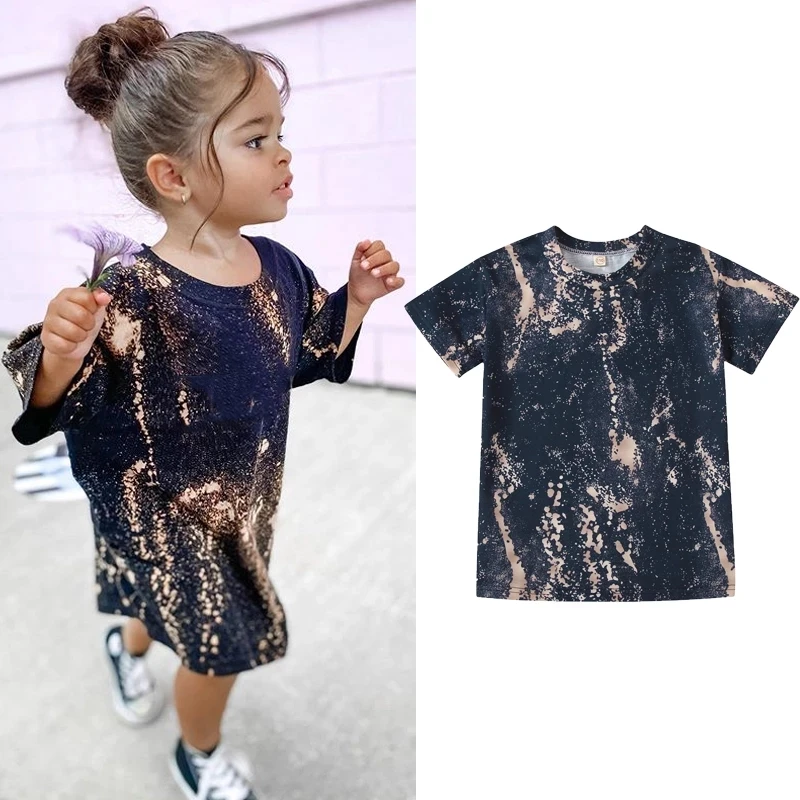 

2021 New Fashion Short Sleeve Straight Skirt Summer Kids Baby Clothes Child Tie dye Print Casual Loose T shirt Girls Dress, Picture shows