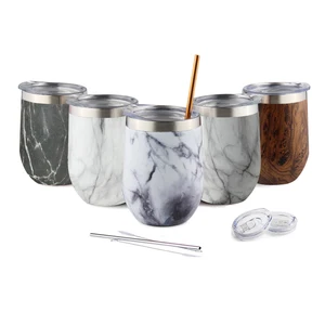 Image of Hot Selling 12OZ Marble Printing Double Wall Tumbler Cup Insulated Vacuum Wine tumbler With Straw&Cleaner Set