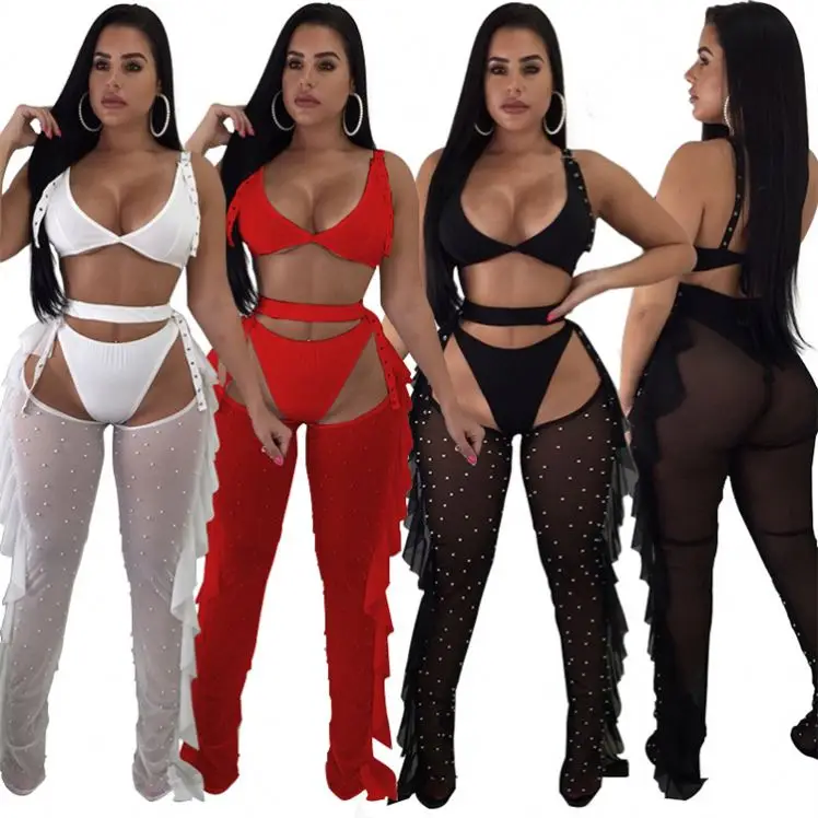 

D97028 New Design 2021 Sexy Mesh Beading Ruffles Kadin setleri Women Clothing Fashion 3 Piece Set Women Three Piece Sets