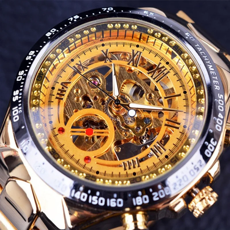 

Men's Luxury wristwatch automatic mechanical watch gold watch Personalized fashion hollow out stainless steel mechanical watch, Black,gold,silver