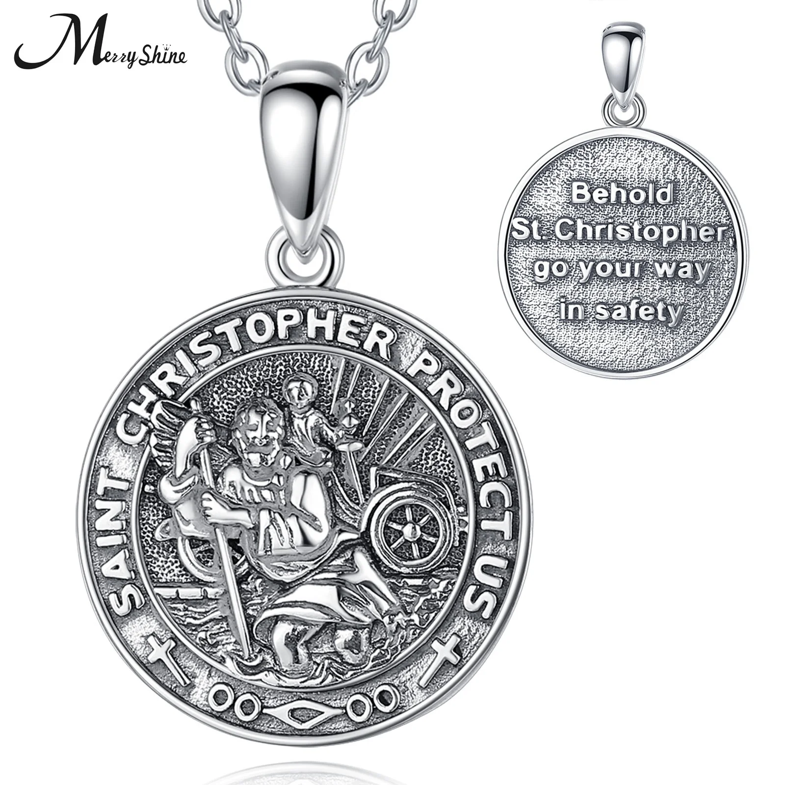 

Merryshine Religion Vintage 925 Sterling Silver Saint Christopher Embossed Necklace